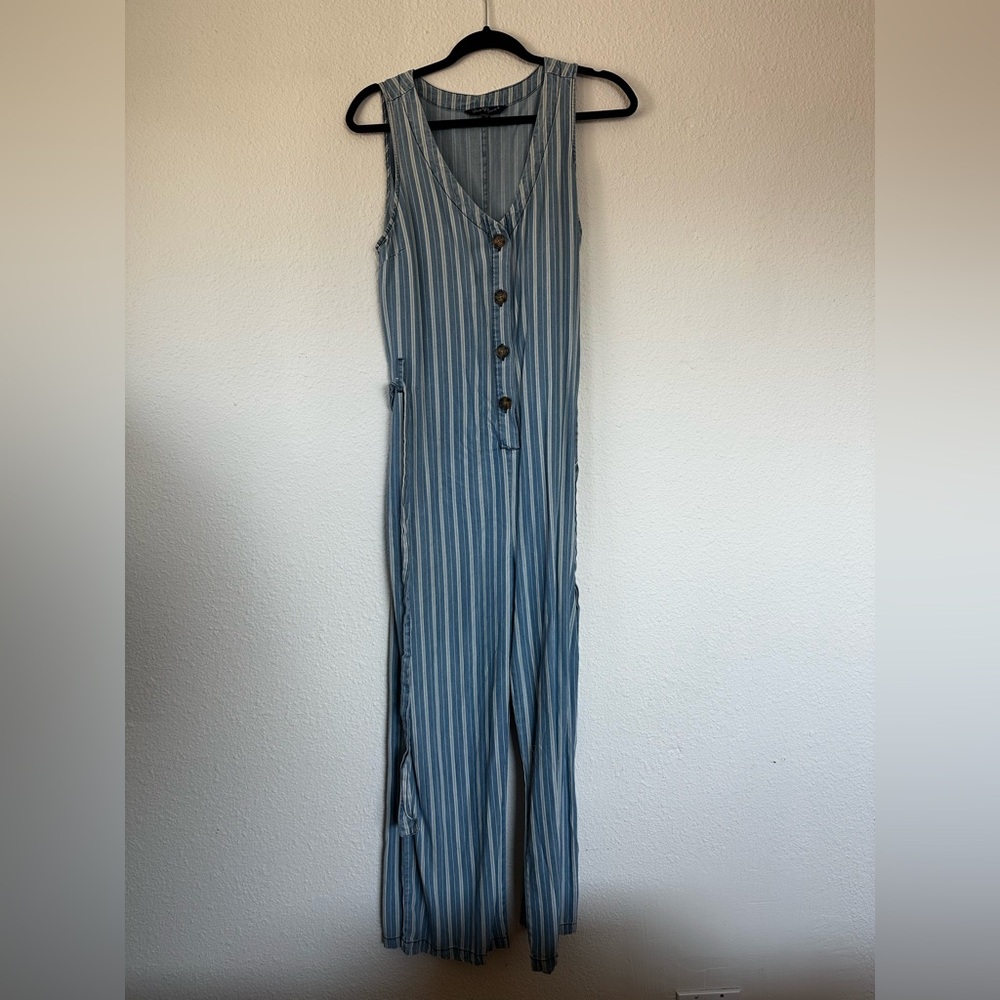 Velvet Heart Striped “Denim” Blue Jumpsuit, Size Medium